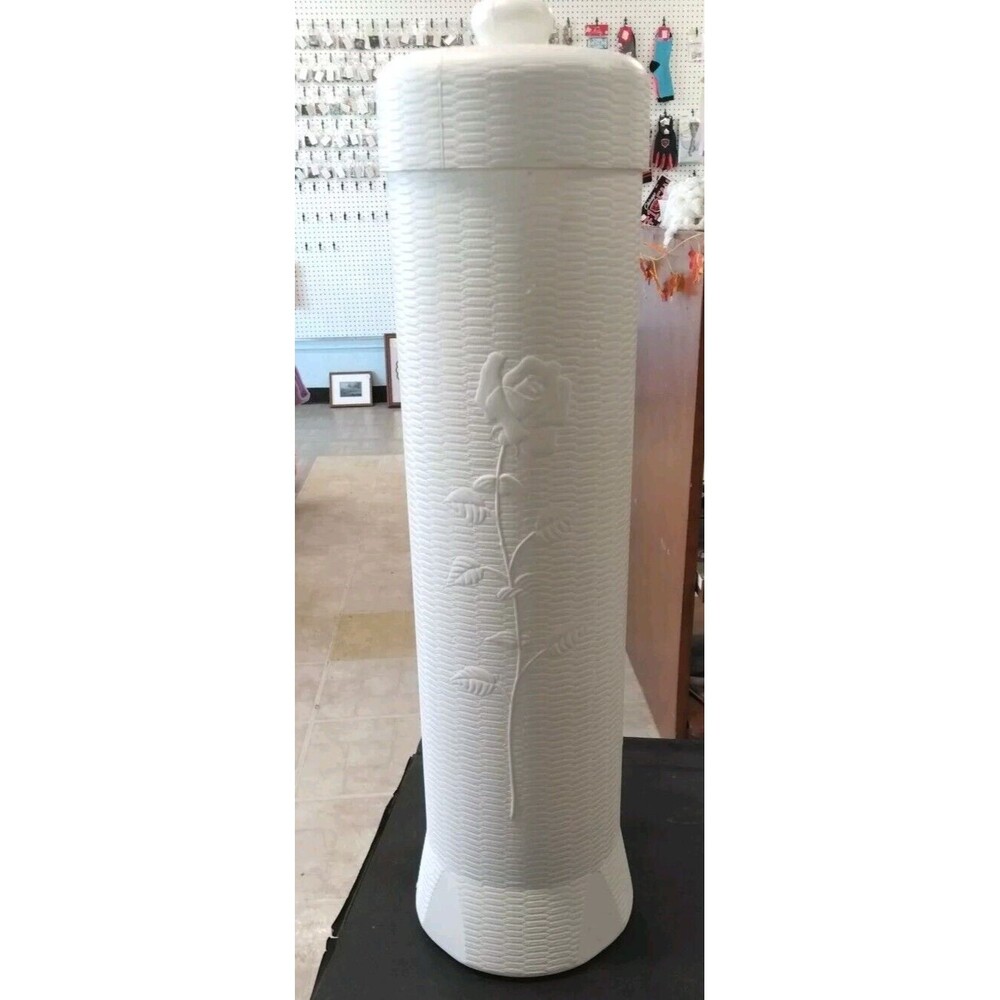Vintage MCM Breamco Blow Mold Toilet Paper Roll Holder White Wicker with Rose